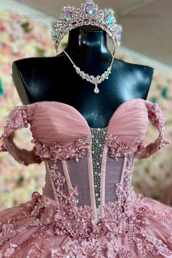 Ball Gown Off Shoulder Sleeveless Pleated Appliques Crystal Beaded Lace Up Pink Tulle Quinceanera Dress Birthday Party Dress Evening Formal Gown For Sweet 16