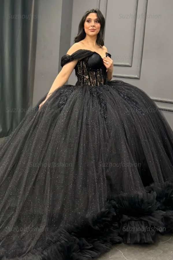 Ball Gown Off Shoulder Sleeveless Pleated Appliques Tiered Sparkly Black Tulle Quinceanera Dress Birthday Party Dress For Sweet 16