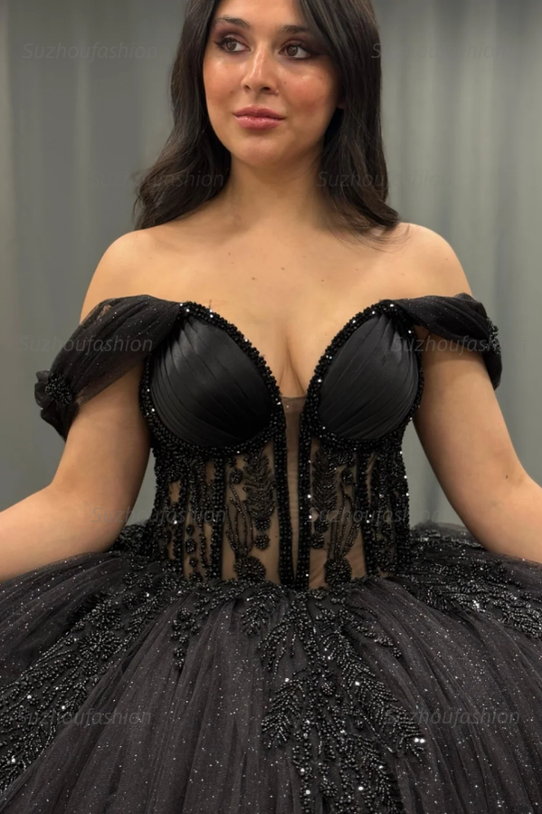 Ball Gown Off Shoulder Sleeveless Pleated Appliques Tiered Sparkly Black Tulle Quinceanera Dress Birthday Party Dress For Sweet 16