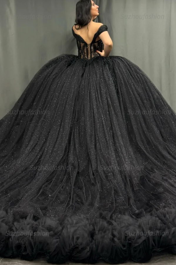 Ball Gown Off Shoulder Sleeveless Pleated Appliques Tiered Sparkly Black Tulle Quinceanera Dress Birthday Party Dress For Sweet 16