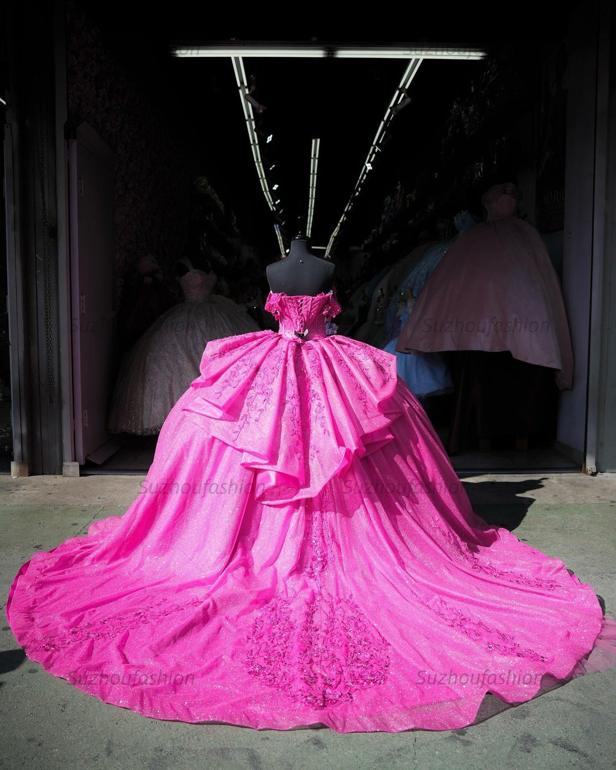 Ball Gown Off Shoulder Sleeveless Pleated Beaded Appliques Lace Up Fuchsia Tulle Quinceanera Dress Birthday Party Dress For Sweet 16