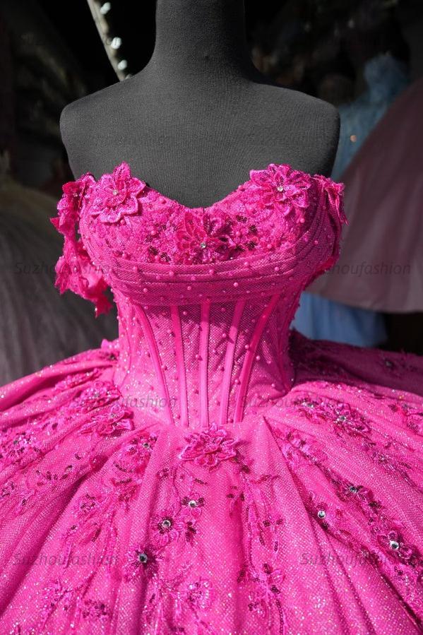 Ball Gown Off Shoulder Sleeveless Pleated Beaded Appliques Lace Up Fuchsia Tulle Quinceanera Dress Birthday Party Dress For Sweet 16