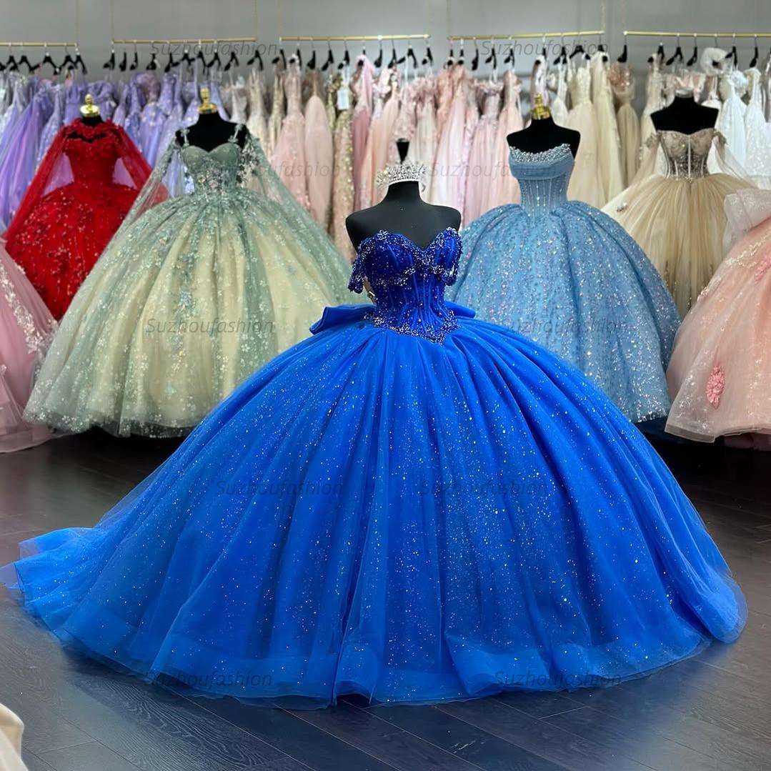 Ball Gown Off Shoulder Sleeveless Pleated Beaded Bow Knot Lace Up Sparkly Royal Blue Tulle Quinceanera Dress Birthday Party Dress For Sweet 16