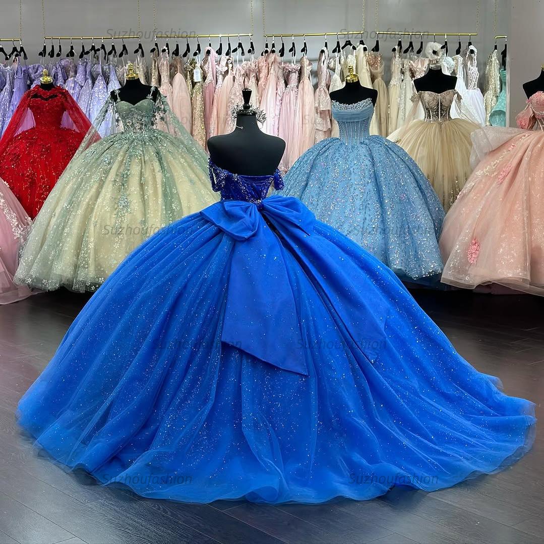Ball Gown Off Shoulder Sleeveless Pleated Beaded Bow Knot Lace Up Sparkly Royal Blue Tulle Quinceanera Dress Birthday Party Dress For Sweet 16