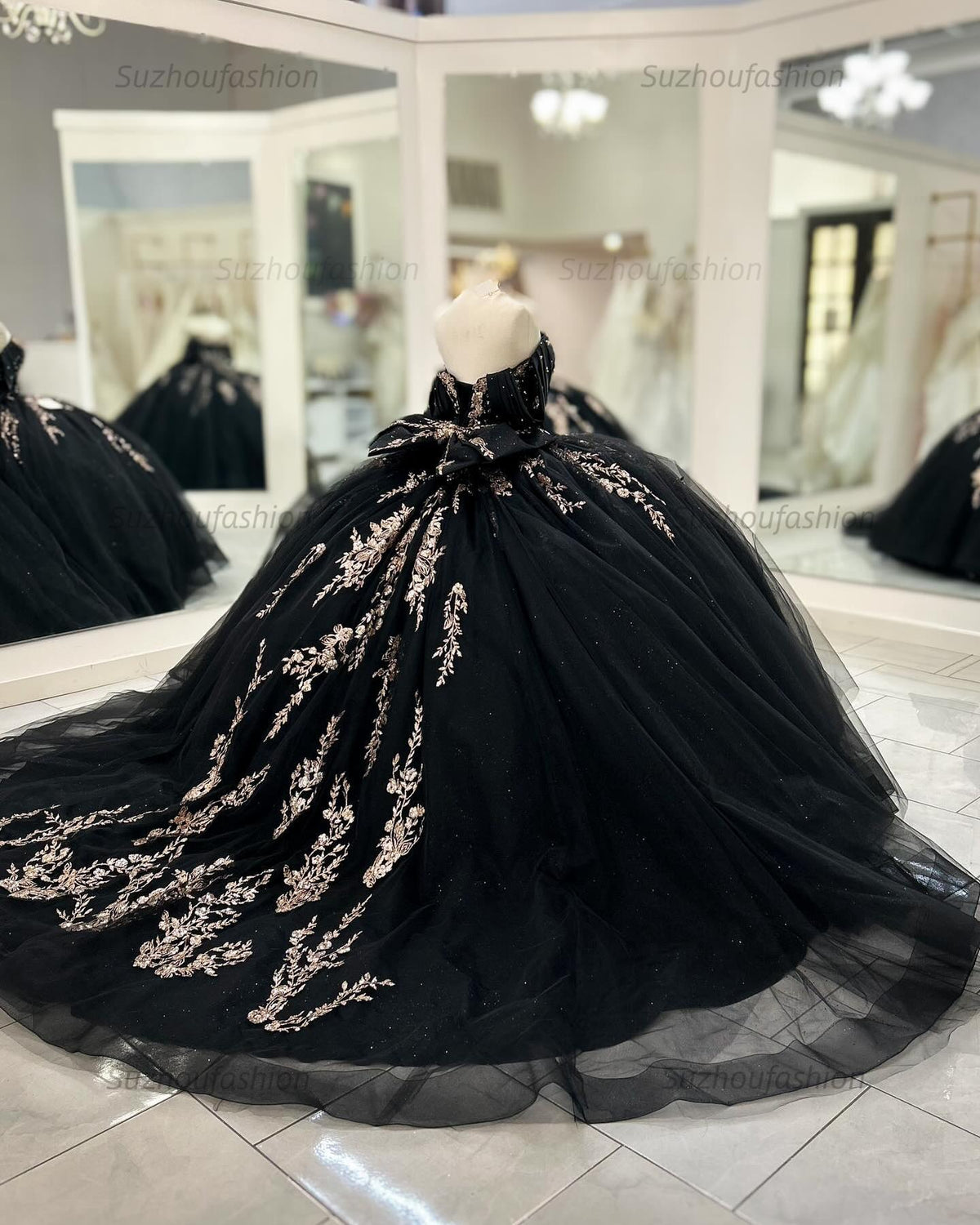 Ball Gown Off Shoulder Sleeveless Pleated Beaded Gold Appliques Bow Knot Lace Up Balck Tulle Quinceanera Dress Birthday Party Dress For Sweet 16
