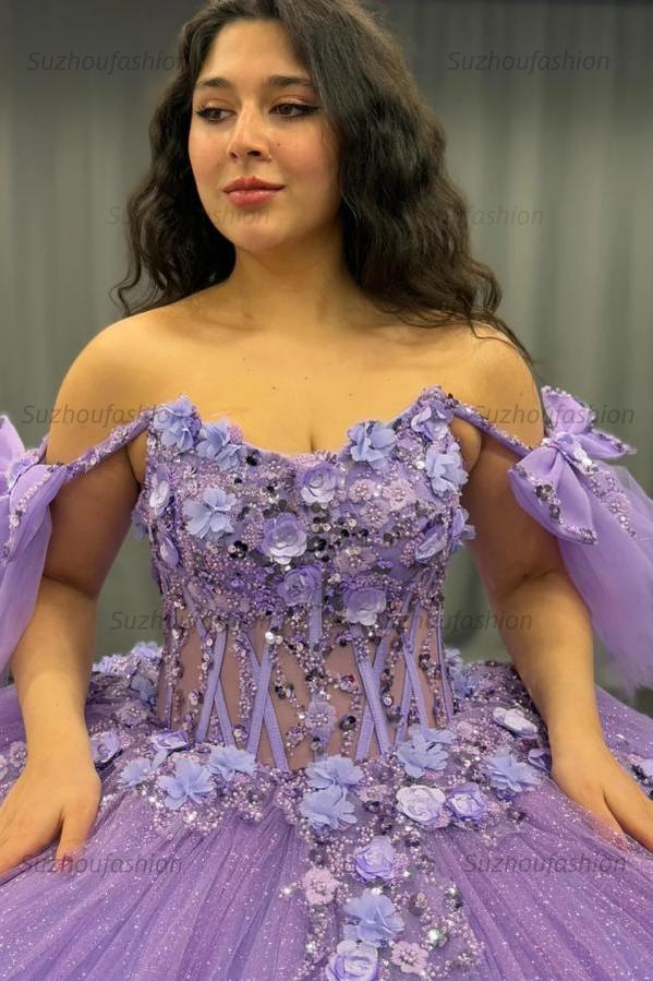 Ball Gown Off Shoulder Sleeveless Pleated Beaded Sequins 3D Flower Appliques Glitter Purple Tulle Quinceanera Dress Birthday Party Gown For Sweet 16