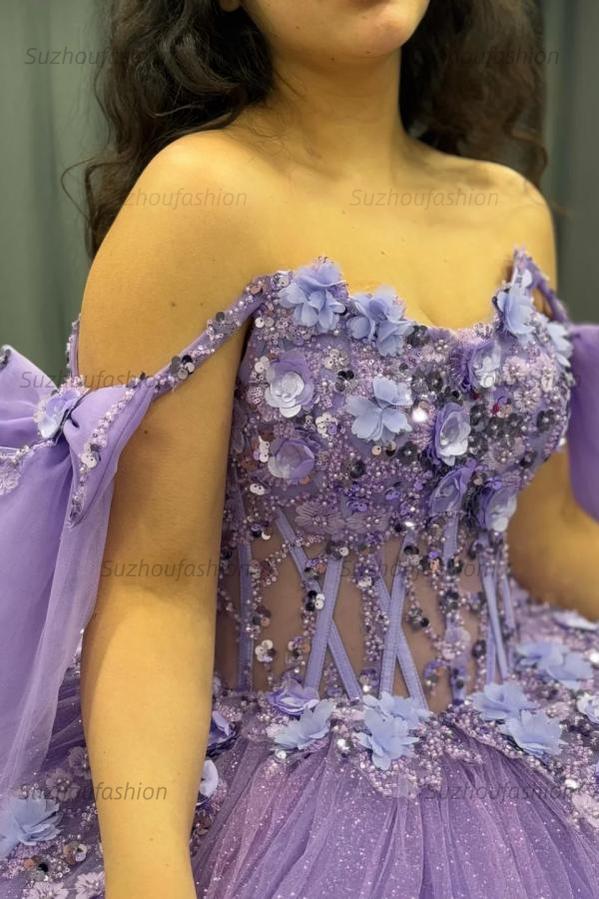 Ball Gown Off Shoulder Sleeveless Pleated Beaded Sequins 3D Flower Appliques Glitter Purple Tulle Quinceanera Dress Birthday Party Gown For Sweet 16