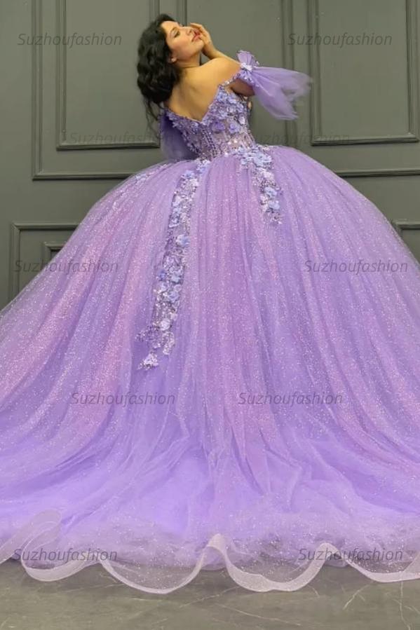 Ball Gown Off Shoulder Sleeveless Pleated Beaded Sequins 3D Flower Appliques Glitter Purple Tulle Quinceanera Dress Birthday Party Gown For Sweet 16