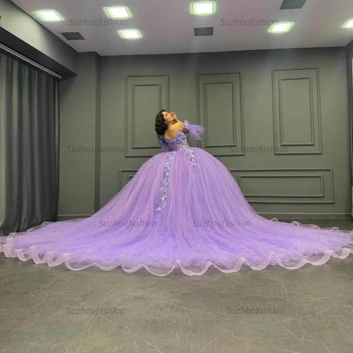 Ball Gown Off Shoulder Sleeveless Pleated Beaded Sequins 3D Flower Appliques Glitter Purple Tulle Quinceanera Dress Birthday Party Gown For Sweet 16