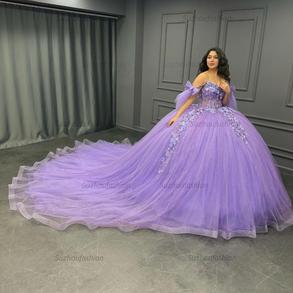 Ball Gown Off Shoulder Sleeveless Pleated Beaded Sequins 3D Flower Appliques Glitter Purple Tulle Quinceanera Dress Birthday Party Gown For Sweet 16