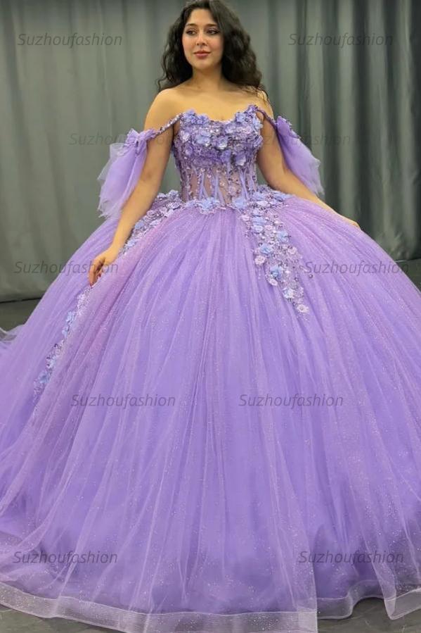 Ball Gown Off Shoulder Sleeveless Pleated Beaded Sequins 3D Flower Appliques Glitter Purple Tulle Quinceanera Dress Birthday Party Gown For Sweet 16