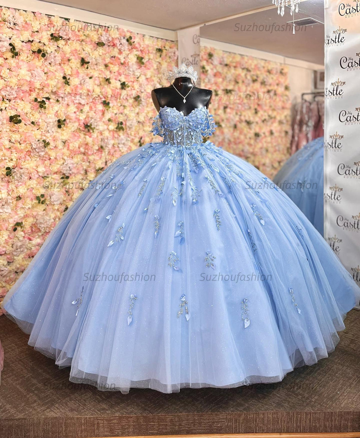 Ball Gown Off Shoulder Sleeveless Pleated Beaded Sequins 3D Flower Appliques Lace Up Glitter Sky Blue Tulle Quinceanera Dress Birthday Party Dress For Sweet 16