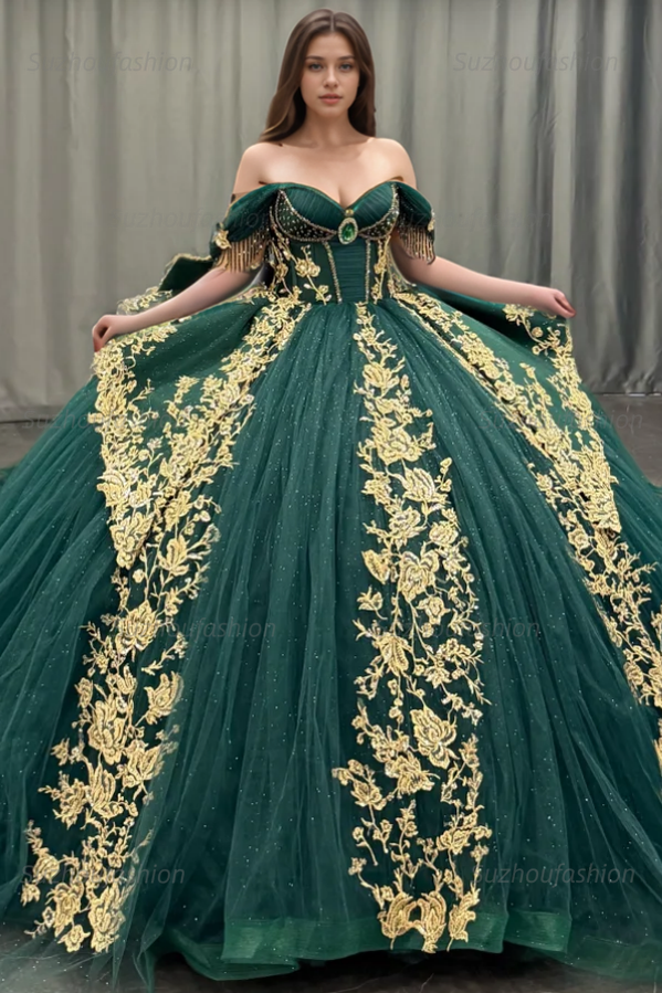 Ball Gown Off Shoulder Sleeveless Pleated Gold Sequins Beaded Crystal Glitter Dark Green Tulle Quinceanera Dress Closet Big Bow Knot Birthday Party Dress For Sweet 16