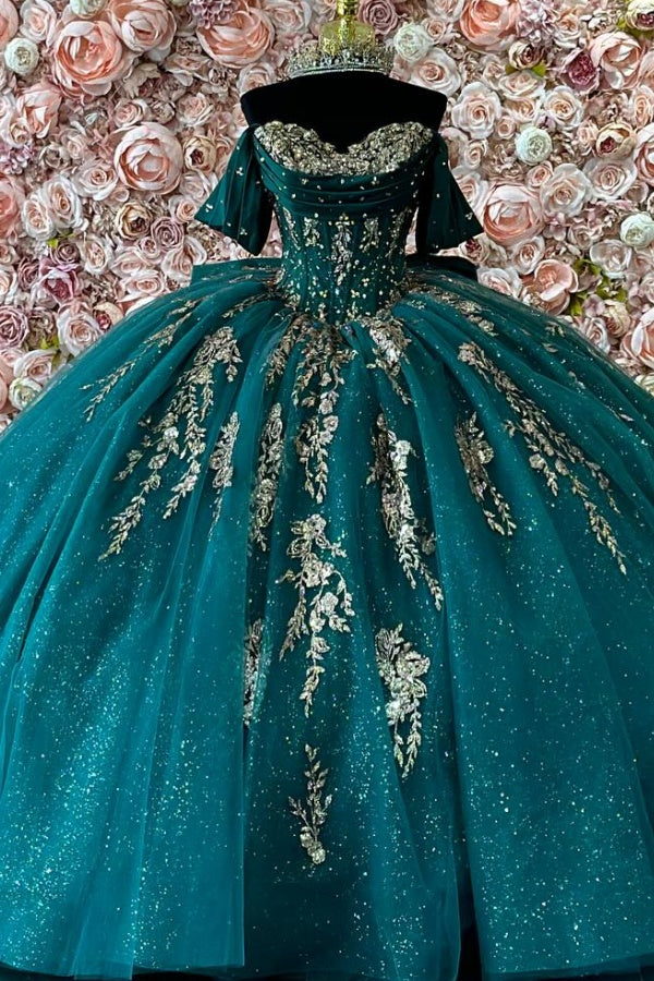 Ball Gown Off Shoulder Sleeveless Pleated Sequins Gold Appliques Bow Knot Sparkly Dark Green Tulle Quinceanera Dress Birthday Party Dress For Sweet 16