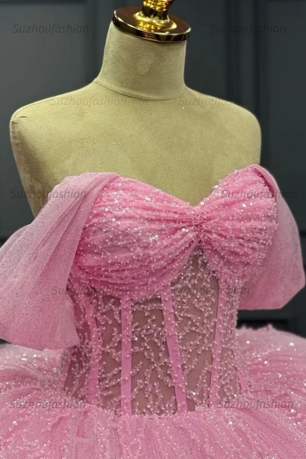 Ball Gown Off Shoulder Sleeveless Pleated Tulle Tiered Beaded Pink Tulle Quinceanera Dress Birthday Party Dress For Sweet 16