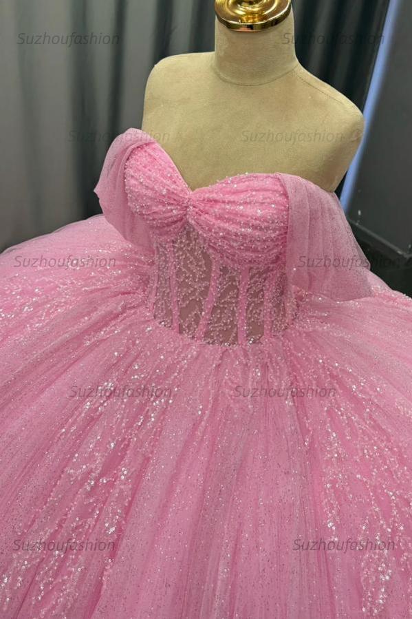 Ball Gown Off Shoulder Sleeveless Pleated Tulle Tiered Beaded Pink Tulle Quinceanera Dress Birthday Party Dress For Sweet 16