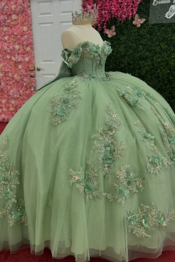 Ball Gown Off Shoulder Sleeveless Sequins 3D Flower Appliques Bow Knot Glitter Mint Green Tulle Quinceanera Dress Birthday Party Dress For Sweet 16