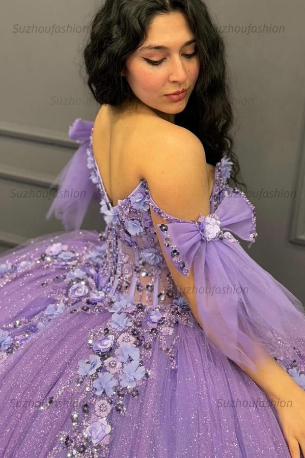Ball Gown Off Shoulder Sleeveless Sequins 3D Flowers Appliques Pleated Glitter Purple Tulle Quinceanera Dress Birthday Party Dress For Sweet 16