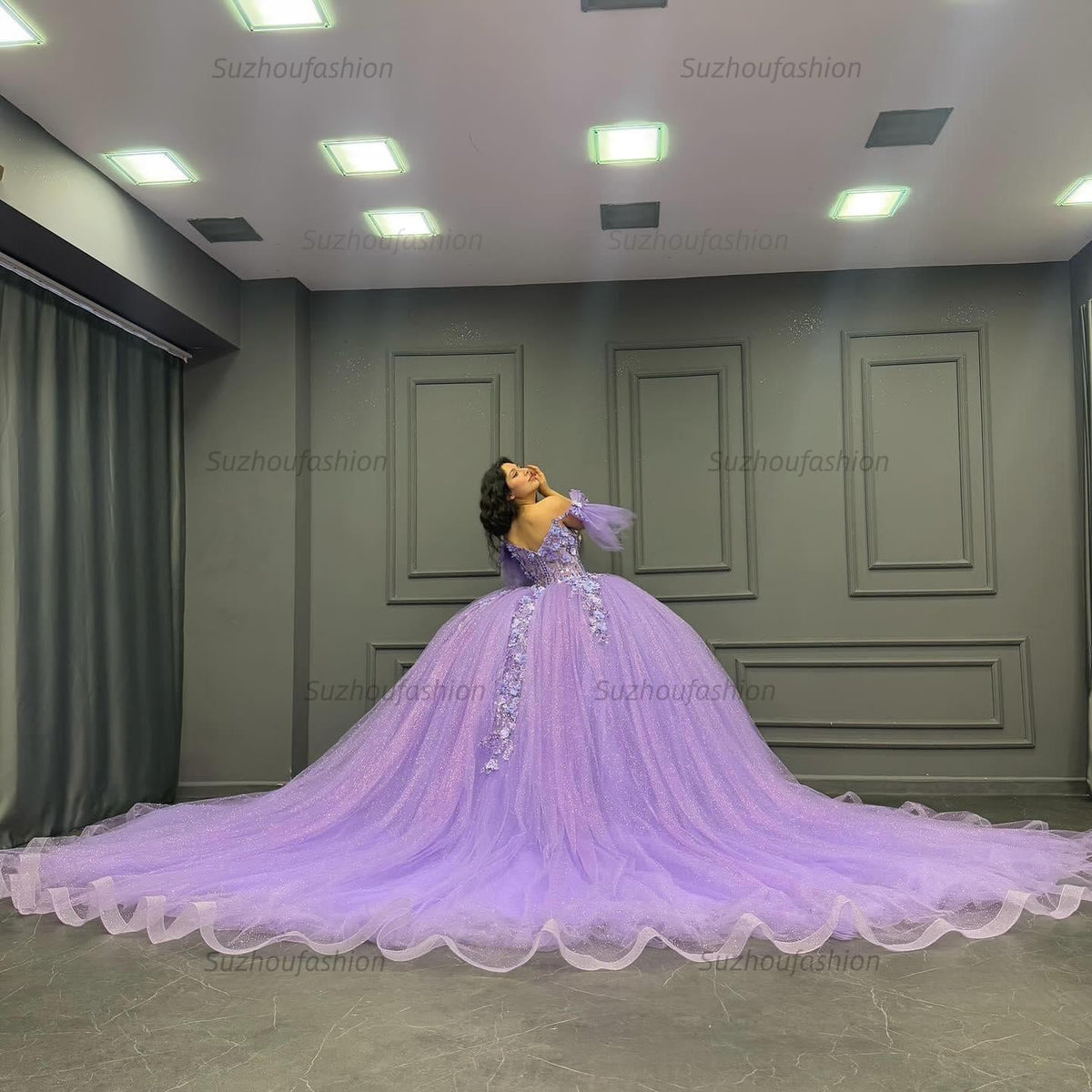 Ball Gown Off Shoulder Sleeveless Sequins 3D Flowers Appliques Pleated Glitter Purple Tulle Quinceanera Dress Birthday Party Dress For Sweet 16