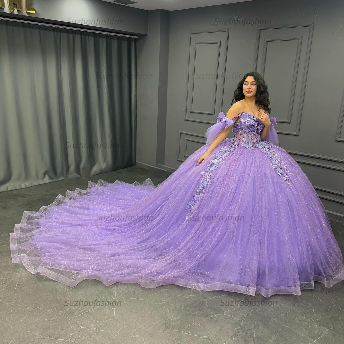 Ball Gown Off Shoulder Sleeveless Sequins 3D Flowers Appliques Pleated Glitter Purple Tulle Quinceanera Dress Birthday Party Dress For Sweet 16