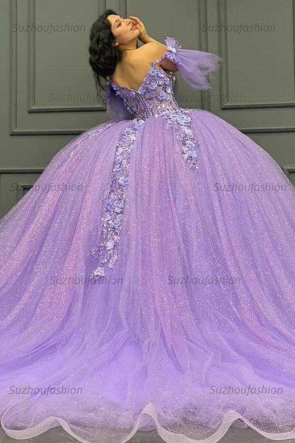 Ball Gown Off Shoulder Sleeveless Sequins 3D Flowers Appliques Pleated Glitter Purple Tulle Quinceanera Dress Birthday Party Dress For Sweet 16