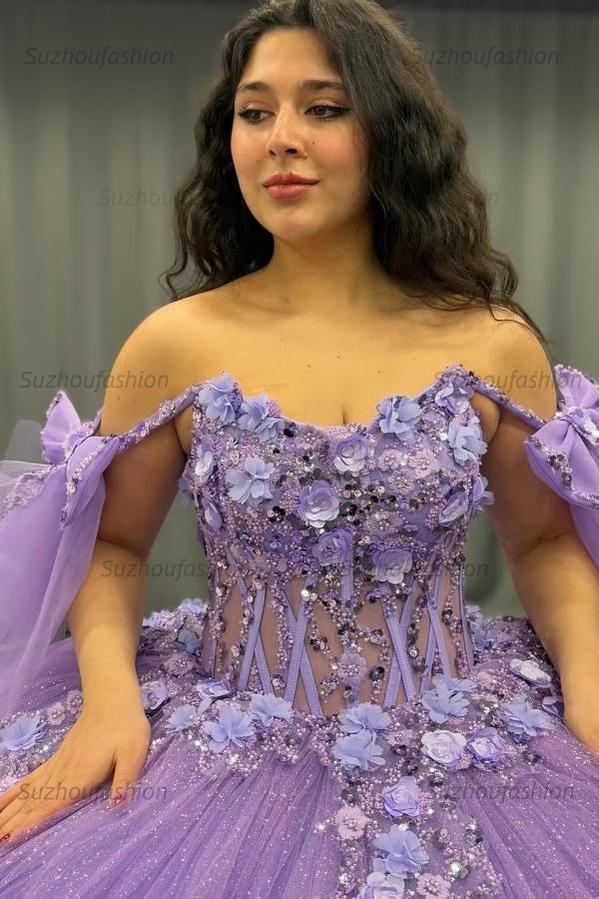 Ball Gown Off Shoulder Sleeveless Sequins 3D Flowers Appliques Pleated Glitter Purple Tulle Quinceanera Dress Birthday Party Dress For Sweet 16