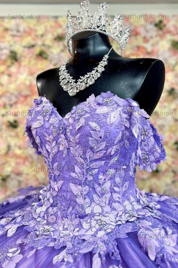 Ball Gown Off Shoulder Sleeveless Sequins Appliques Lace Up Sparkly Purple Tulle Quinceanera Dress Birthday Party Dress For Sweet 16