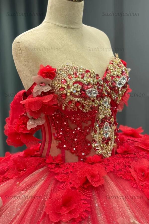 Ball Gown Off Shoulder Sleeveless Sequins Beaded 3D Flower Appliques Sparkly Red Tulle Quinceanera Dress Birthday Party Dress