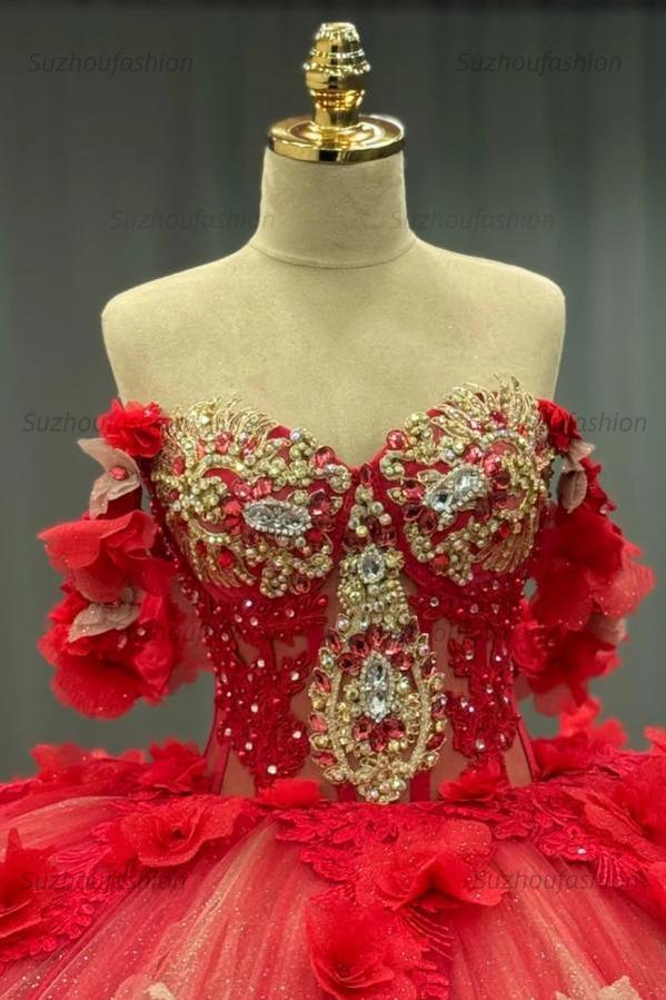 Ball Gown Off Shoulder Sleeveless Sequins Beaded 3D Flower Appliques Sparkly Red Tulle Quinceanera Dress Birthday Party Dress