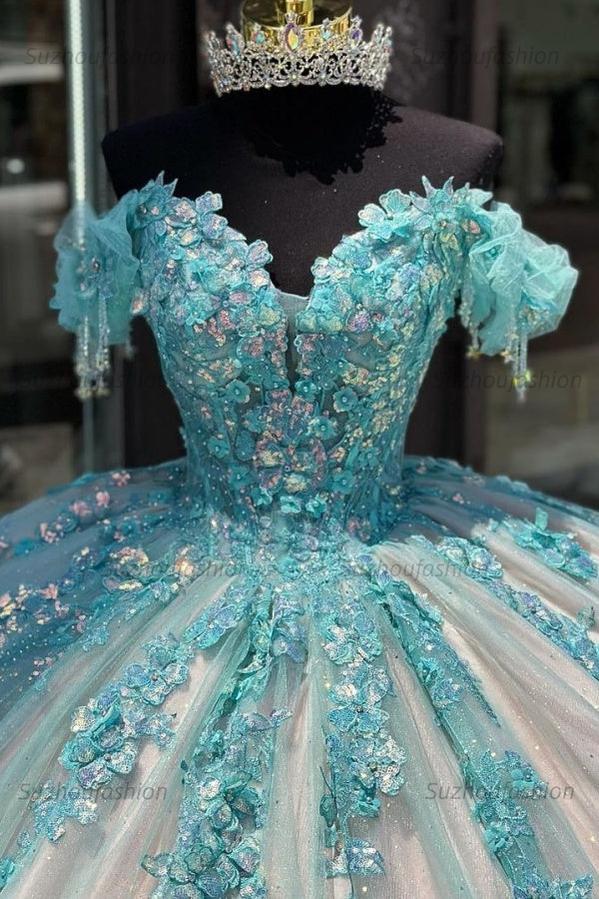 Ball Gown Off Shoulder Sleeveless Sequins Fully Appliques Sky Blue Tulle Quinceanera Dress Formal Evening Gown Birthday Party Dress For Sweet 16