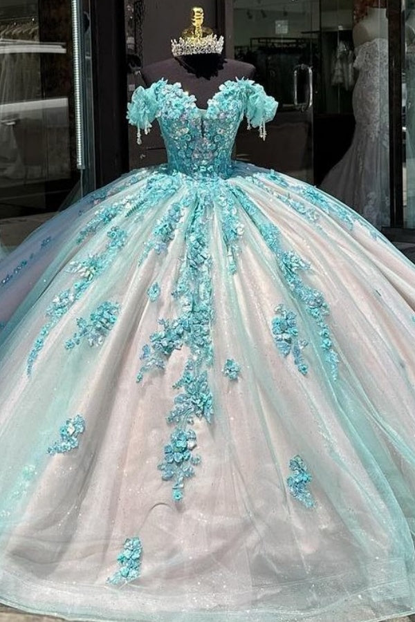 Ball Gown Off Shoulder Sleeveless Sequins Fully Appliques Sky Blue Tulle Quinceanera Dress Formal Evening Gown Birthday Party Dress For Sweet 16