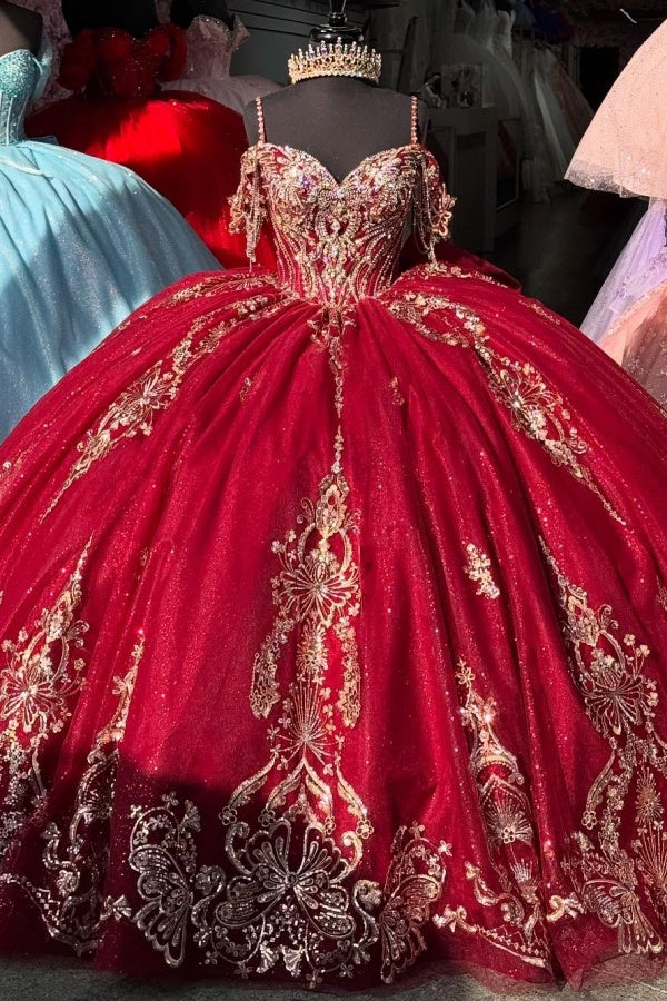 Ball Gown Off Shoulder Sleeveless Spaghetti Straps Beaded Crystal Gold Appliques Red Tulle Quinceanera Dress Birthday Party Gown