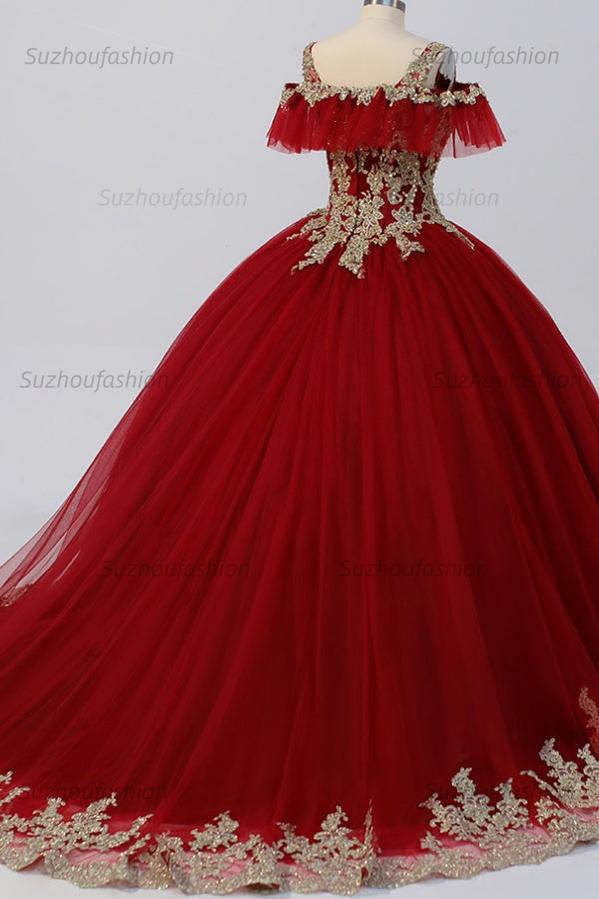 Ball Gown Off Shoulder Straps Sleeveless Gold Appliques Back Zipper Sparkly Burgundy Tulle Quinceanera Dress Formal Evening Gown For Sweet 16