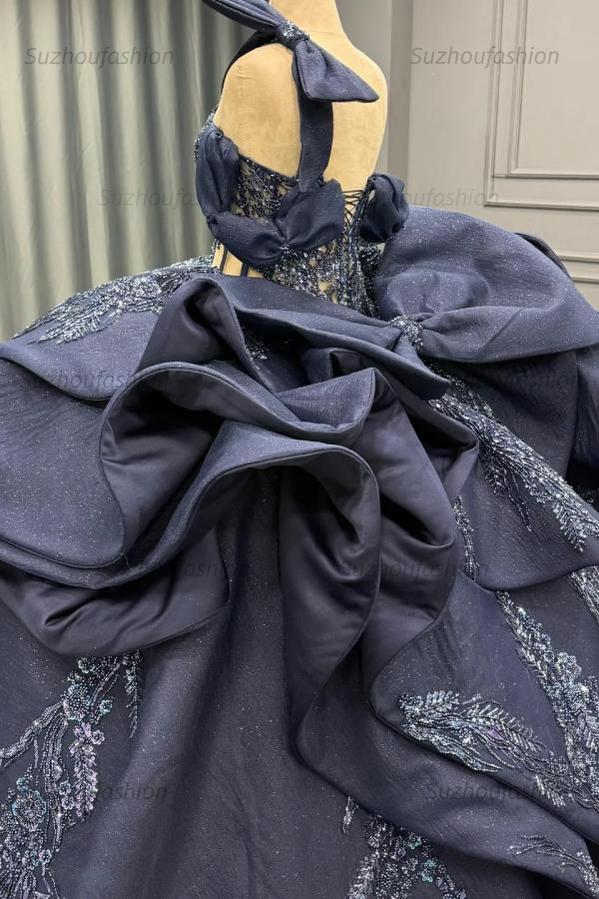 Ball Gown One Shoulder /Off Shoulder Sleeveless Beaded Appliques Ruffles Tiered Lace Up Sparkly Dark Navy Satin Quinceanera Dress Evening Formal Gown For Sweet 16