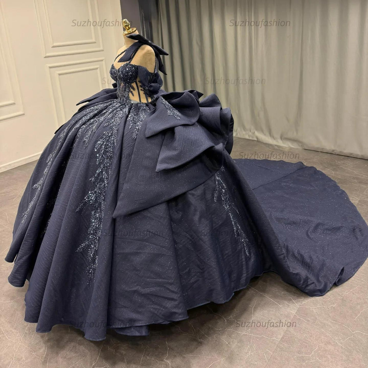 Ball Gown One Shoulder /Off Shoulder Sleeveless Beaded Appliques Ruffles Tiered Lace Up Sparkly Dark Navy Satin Quinceanera Dress Evening Formal Gown For Sweet 16