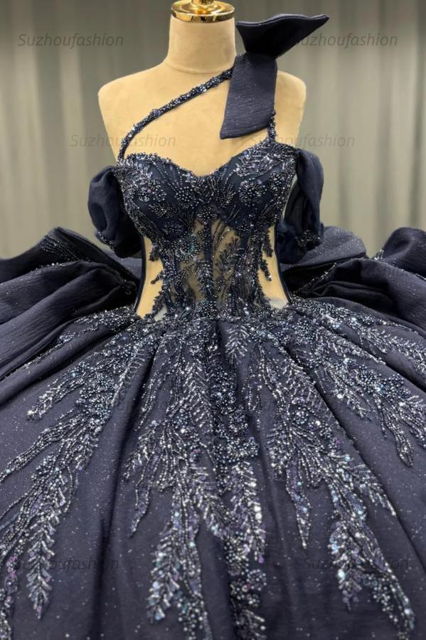 Ball Gown One Shoulder /Off Shoulder Sleeveless Beaded Appliques Ruffles Tiered Lace Up Sparkly Dark Navy Satin Quinceanera Dress Evening Formal Gown For Sweet 16