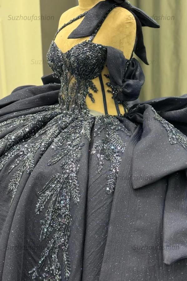 Ball Gown One Shoulder /Off Shoulder Sleeveless Beaded Appliques Ruffles Tiered Lace Up Sparkly Dark Navy Satin Quinceanera Dress Evening Formal Gown For Sweet 16