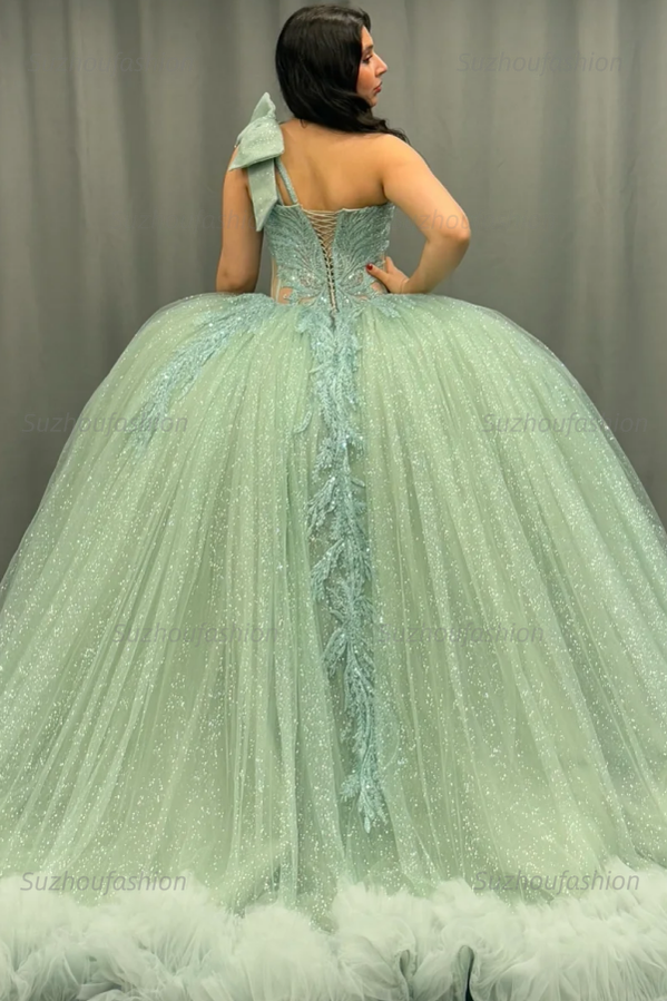 Ball Gown One Shoulder Sleeveless Sequins Beaded Illsion Appliques Pleated Mint Green Tulle Quinceanera Dress Formal Evening Gown For Sweet 16