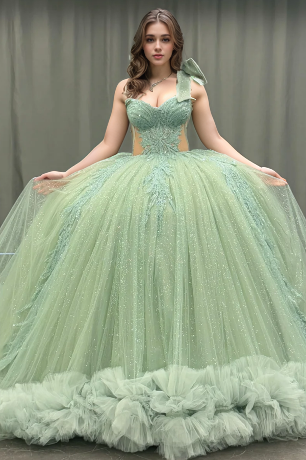 Ball Gown One Shoulder Sleeveless Sequins Beaded Illsion Appliques Pleated Mint Green Tulle Quinceanera Dress Formal Evening Gown For Sweet 16