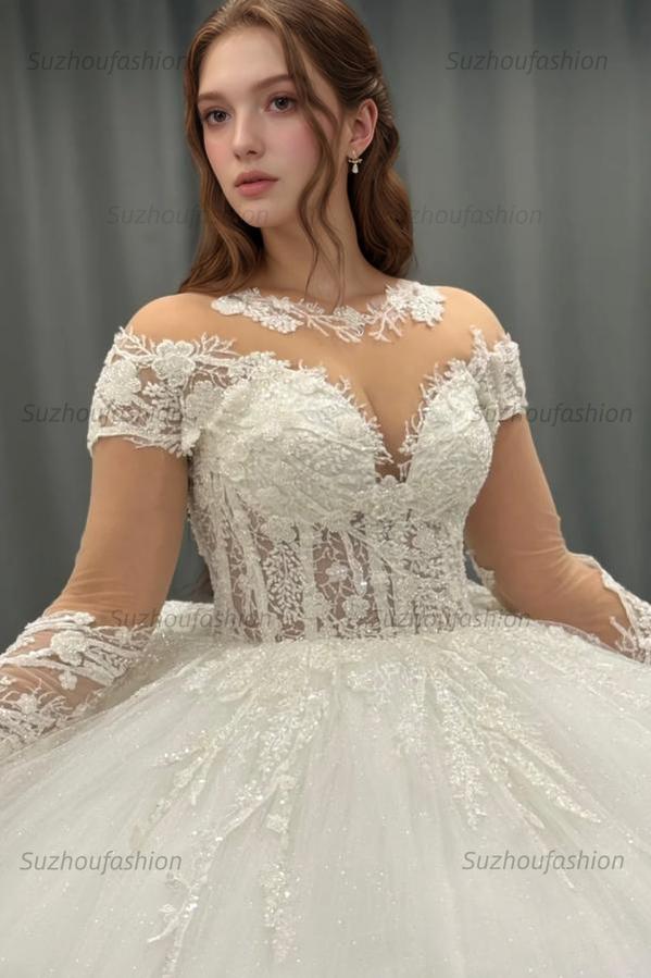 Ball Gown Scoop Neck Long Transparent Sleeves Fully Lace Appliques Pleated White Tulle Formal Evening Party Dress Quinceanera Dress Birthday Gown For Sweet 16