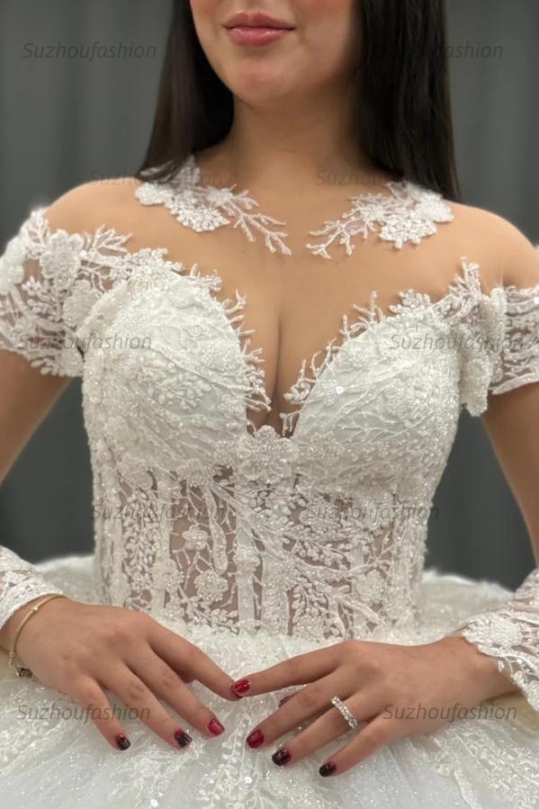 Ball Gown Scoop Neck Long Transparent Sleeves Fully Lace Appliques Pleated White Tulle Formal Evening Party Dress Quinceanera Dress Birthday Gown For Sweet 16