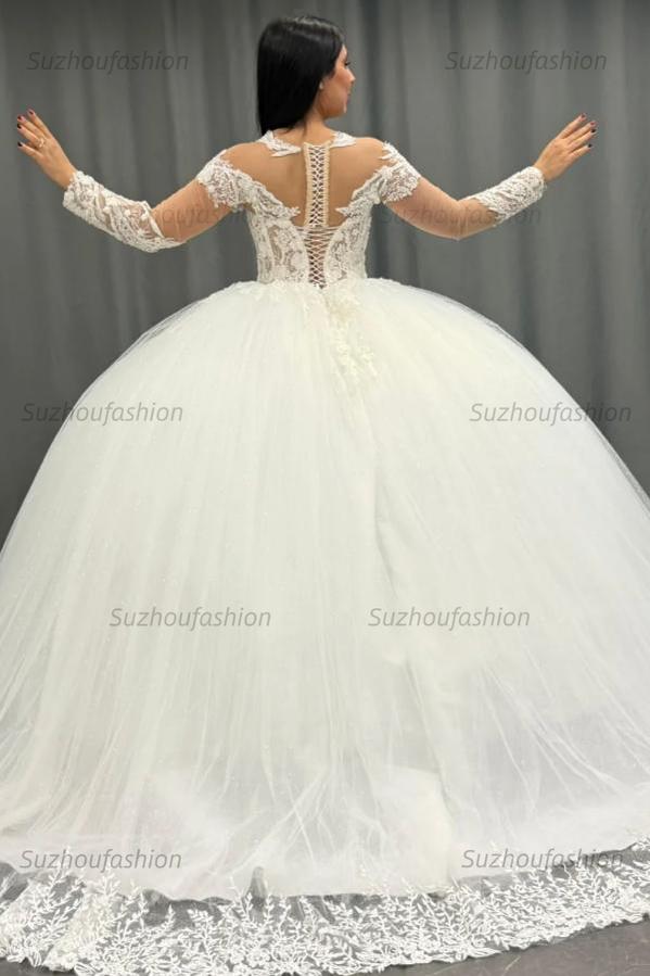 Ball Gown Scoop Neck Long Transparent Sleeves Fully Lace Appliques Pleated White Tulle Formal Evening Party Dress Quinceanera Dress Birthday Gown For Sweet 16