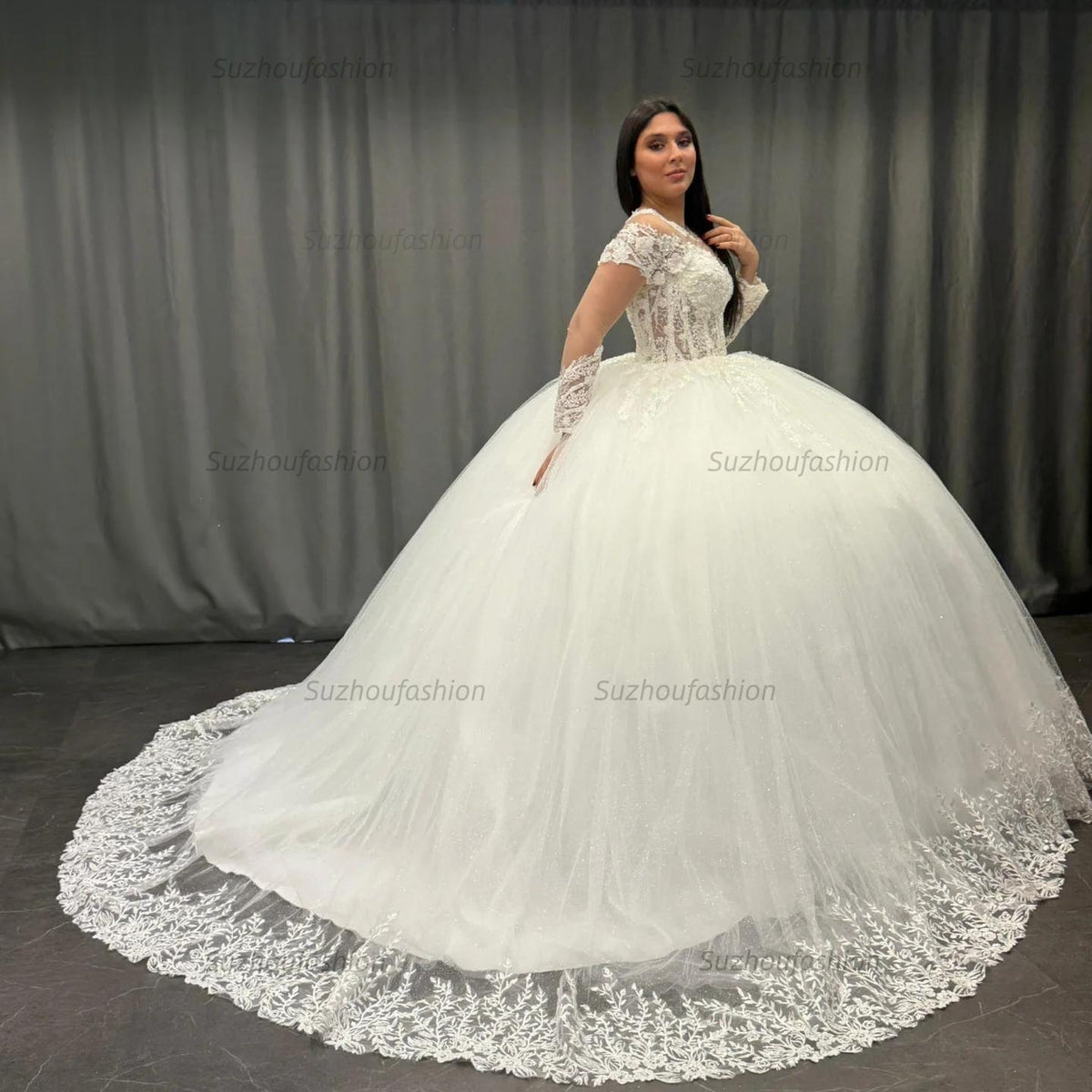 Ball Gown Scoop Neck Long Transparent Sleeves Fully Lace Appliques Pleated White Tulle Formal Evening Party Dress Quinceanera Dress Birthday Gown For Sweet 16