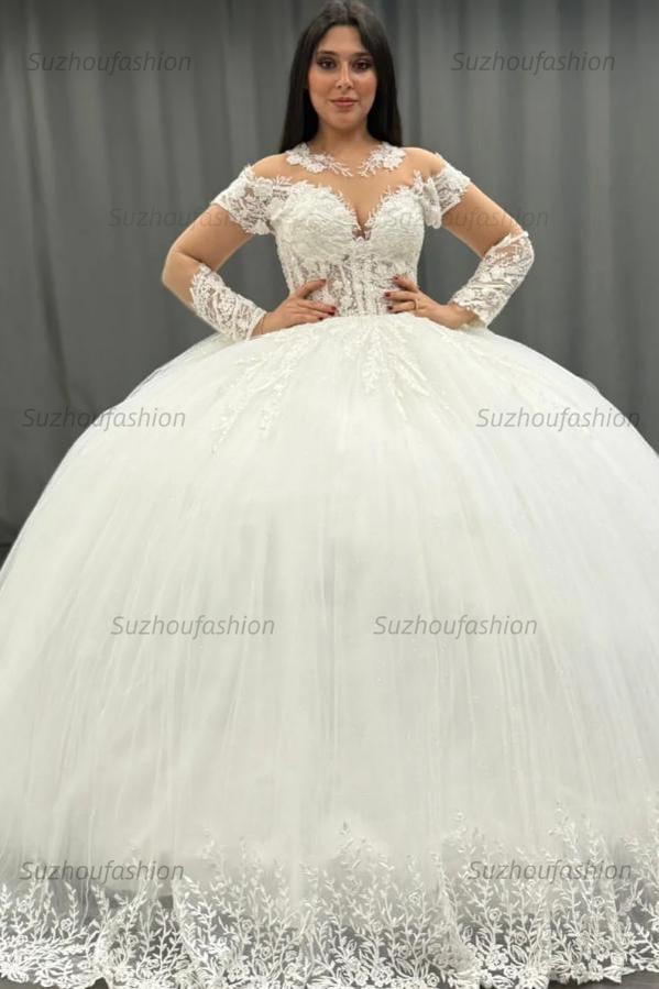Ball Gown Scoop Neck Long Transparent Sleeves Fully Lace Appliques Pleated White Tulle Formal Evening Party Dress Quinceanera Dress Birthday Gown For Sweet 16