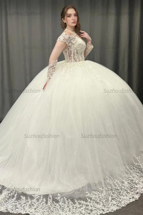 Ball Gown Scoop Neck Long Transparent Sleeves Fully Lace Appliques Pleated White Tulle Formal Evening Party Dress Quinceanera Dress Birthday Gown For Sweet 16