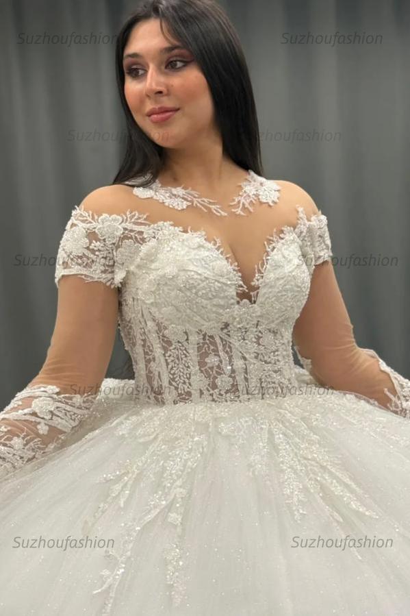 Ball Gown Scoop Neck Long Transparent Sleeves Fully Lace Appliques Pleated White Tulle Formal Evening Party Dress Quinceanera Dress Birthday Gown For Sweet 16