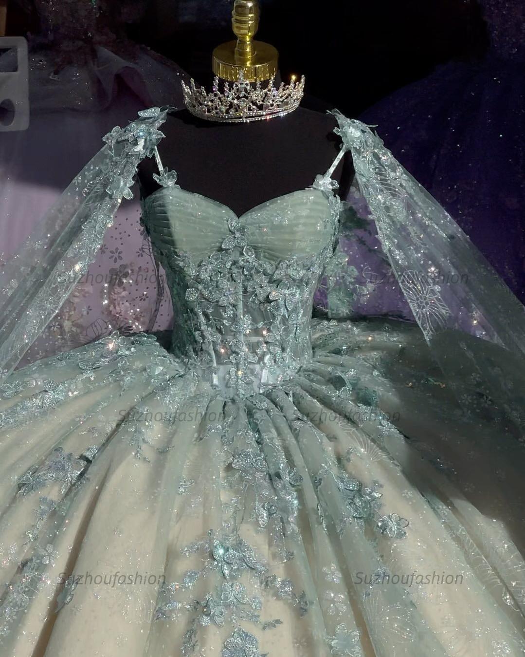Ball Gown Spaghetti Straps Sweetheart Neck Lace Appliques Beaded Mint Green Tulle Quinceanera Dresses Birthday Prom Gown For Sweet 16
