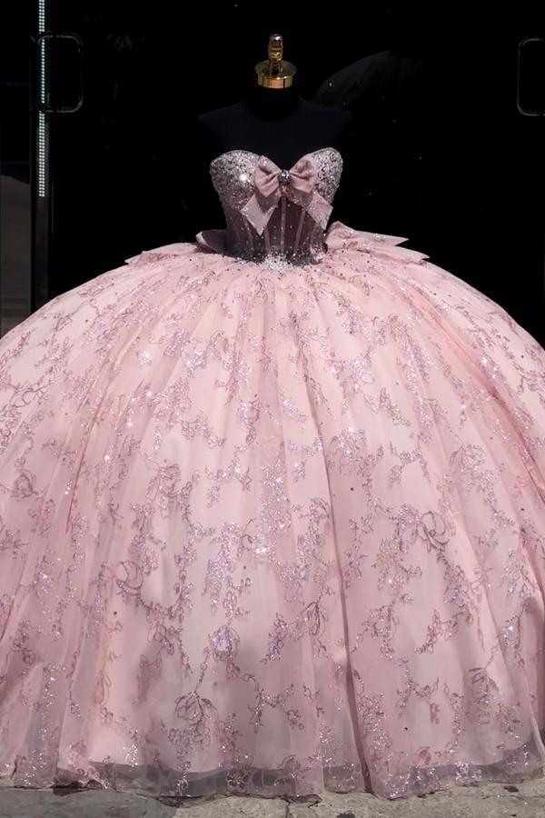 Ball Gown Strapless Sleeveless Beaded Bow Knot Fully Sequins Appliques Sparkly Pink Tullle Quinceanera Dress Birthday Party Dress For Sweet 16
