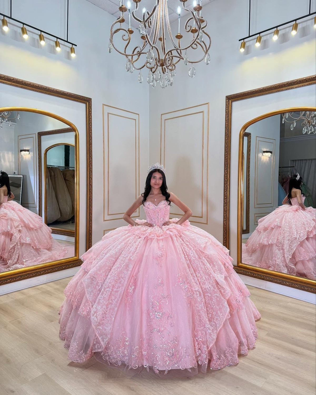 Ball Gown Strapless Sleeveless Beaded Ruffles Sequins Tulle Tiered Sparkly Tulle Quinceanera Dress Birthday Party Dress Evening Formal Gown For Sweet 16