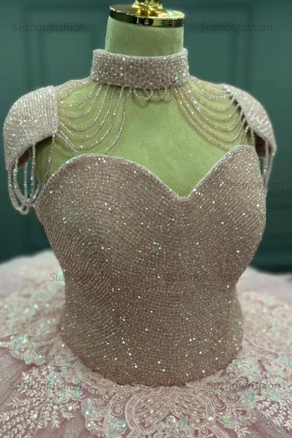 Ball Gown Sweetheart Neck Cap Sleeves Beaded Appliques Baby Pink Tulle Quinceanera Dress Formal Evening Gown For Sweet 16